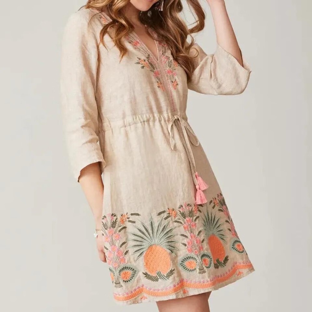Spartina 449 Floral Embroidered Linen Pineapple Tunic Dress - Pink Tassels - Picture 3 of 8